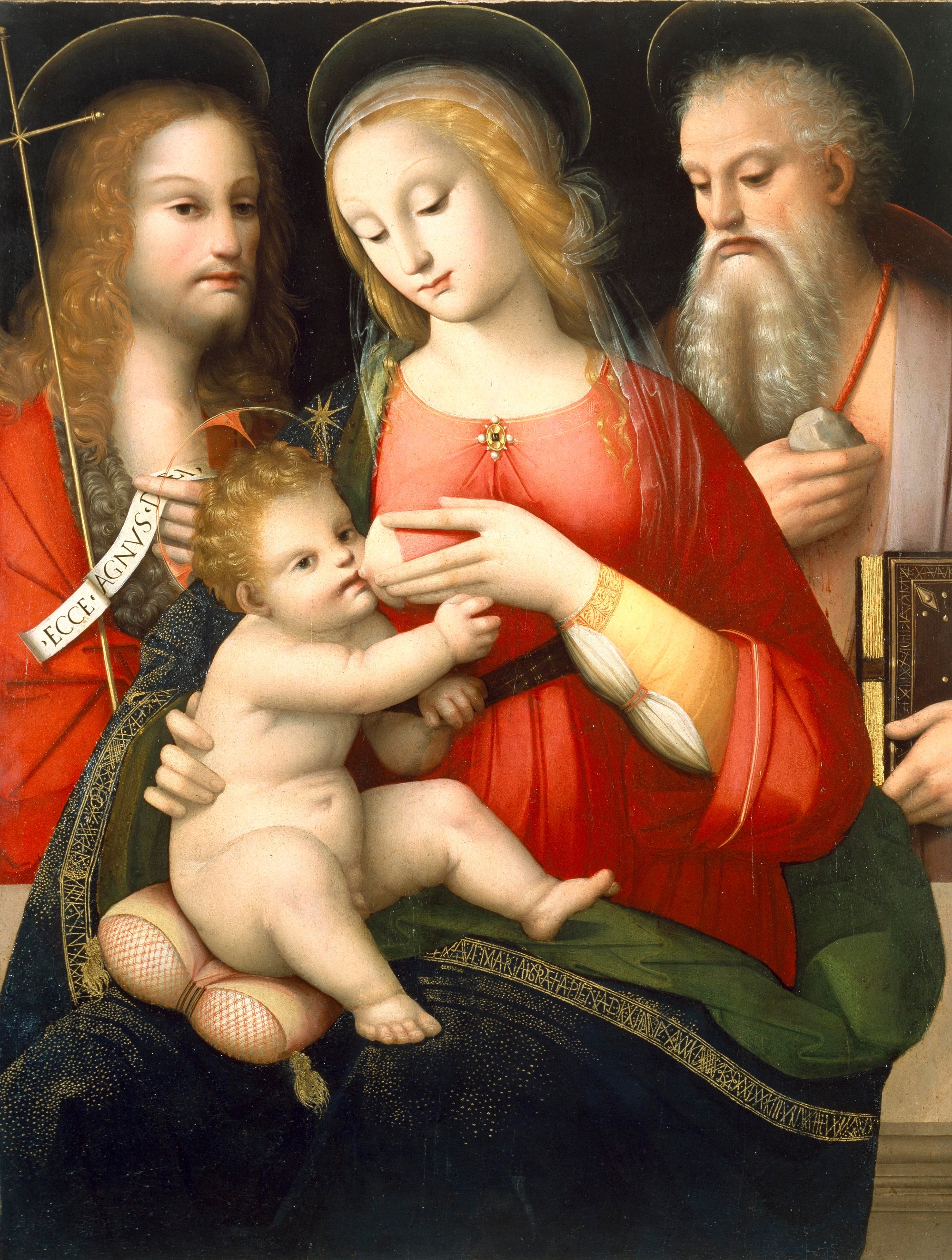 Andrea Piccinelli, genannt der Brescianino, Madonna, die das Kind stillt, und die Heiligen Johannes der Täufer und Hieronymus